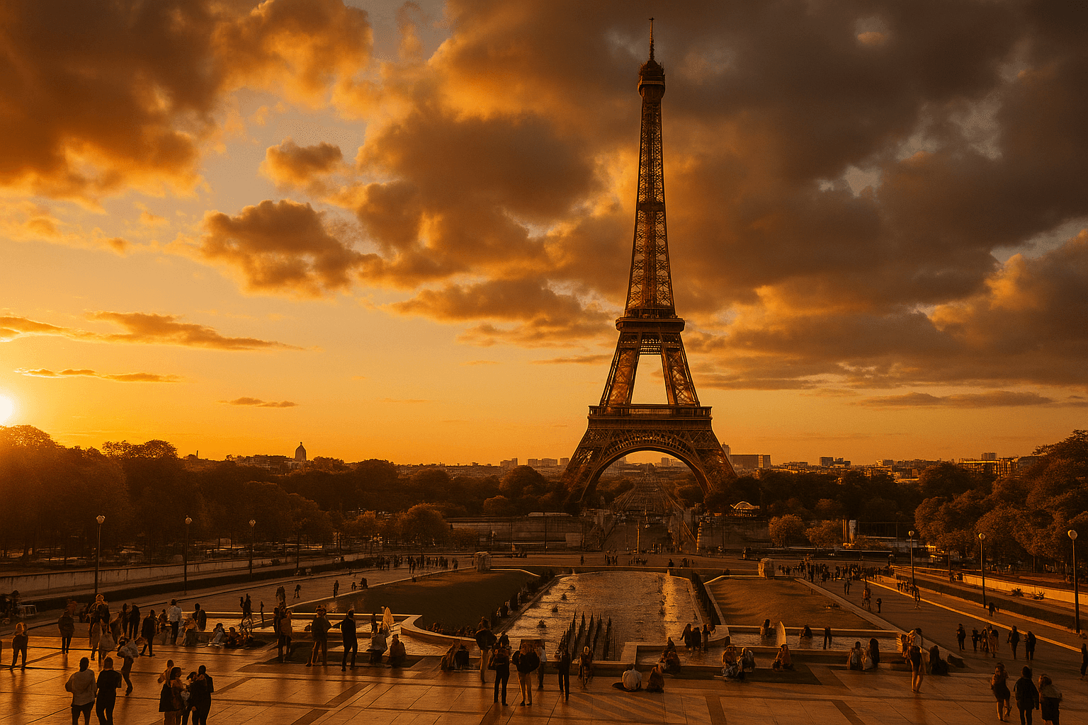 Eiffel Tower view from Trocadero at sunset in Paris