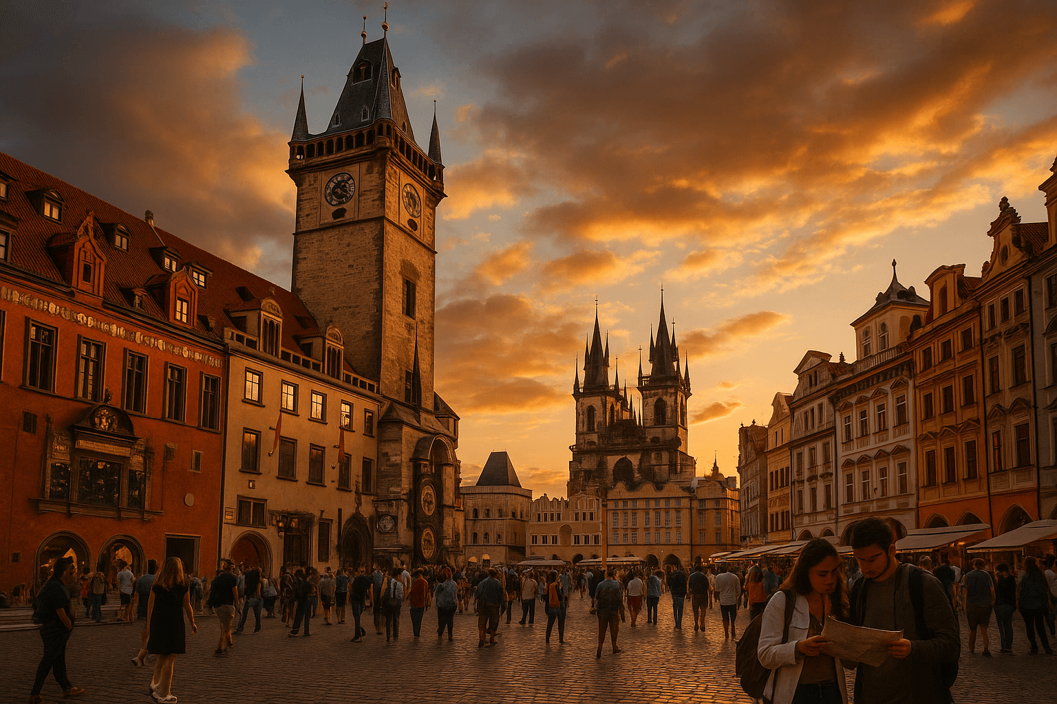 Prague Old Town Square with Astronomical Clock at golden hour